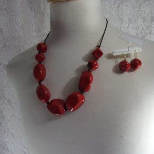 Deep Coral Necklace Earring set NWOT